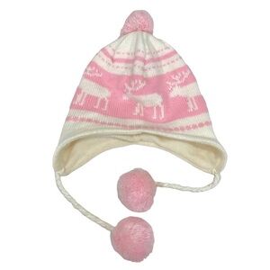 Target Pink Reindeer Elk Pom Pom Ear Flaps Knit Hat Size 8-16 Youth